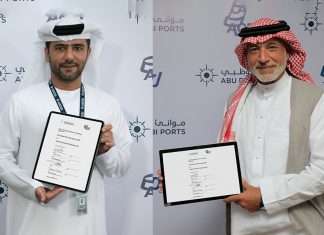 Captain Mohamed Juma Al Shamisi, Group Chief Executive of Abu Dhabi Ports, and Rakan Alireza, Managing Director of Arabian Chemical Terminals, sign the strategic agreement to develop the emirate’s first greenfield commercial bulk liquid storage terminal at Khalifa Port