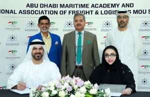 Captain Maktoum Al Houqani, Managing Director, ADMA and Nadia Abdul Aziz, President of NAFL signing the logistics training agreement in Abu Dhabi