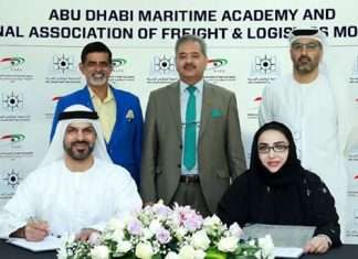 Captain Maktoum Al Houqani, Managing Director, ADMA and Nadia Abdul Aziz, President of NAFL signing the logistics training agreement in Abu Dhabi