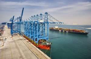 The five new cranes being delivered to Abu Dhabi Terminals