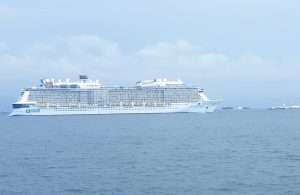 Anthem of the Seas at anchorage in Mumbai prior to disembarking Indian crew members