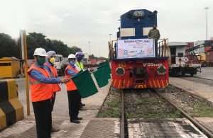 The maiden container train for ICD Jaipur being waved off from the VCT terminal