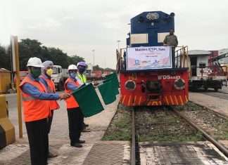 The maiden container train for ICD Jaipur being waved off from the VCT terminal