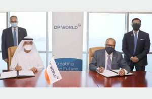 Sultan Ahmed Bin Sulayem, Group Chairman and CEO, DP World and Ramesh S. Ramakrishnan, Chairman, Transworld Group and Shreyas Shipping and Logistics Limited, signing the acquisition contract