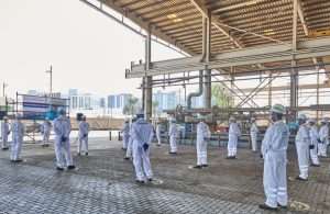 Staff at Drydocks World mark the start of steel cutting for the construction of the new FPSO turntable