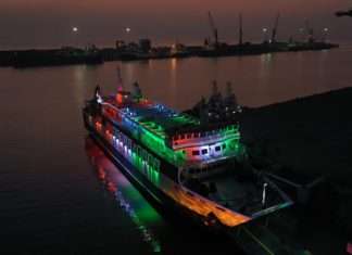 The ferry Voyage Symphony alongside the new ro-pax berth at Hazira port