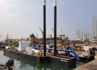 The new CSD 650 dredger alongside at Albwardy Damen in Sharjah