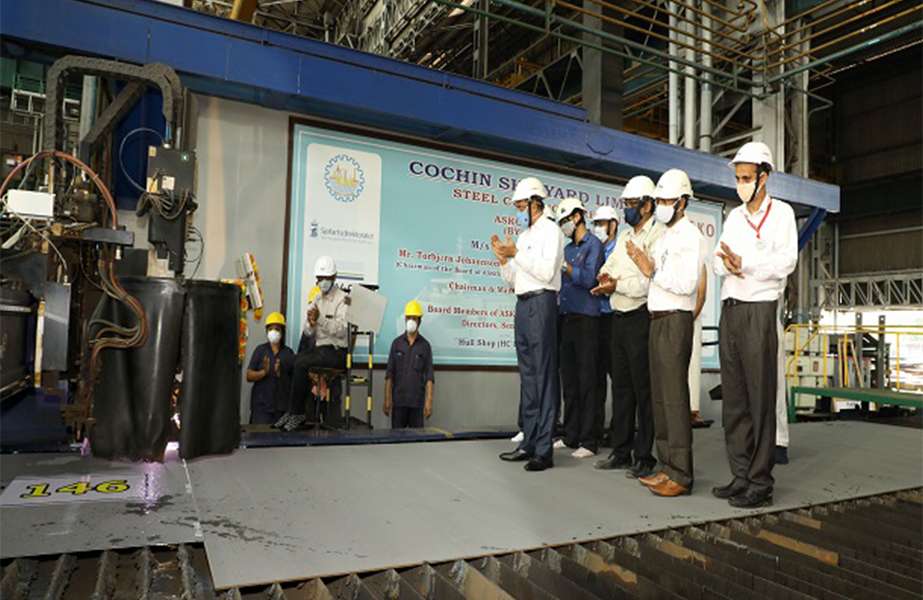 Electric vessel plate cutting ceremony held at Cochin Shipyard Officials from Cochin Shipyard and Asko Maritime conducted the plate cutting ceremony for two autonomous electric ferries
