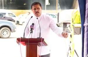 Honourable Rohitha Abeygunawardena, the Minister of Ports and Shipping, speaking at the event to mark the start of construction of the new CFS
