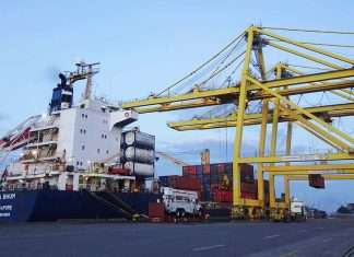 The 628 TEU container ship Pira Bhum making its maiden call at MCT