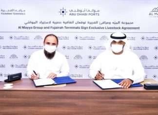 AbdulAziz Al Balooshi, CEO at Fujairah Terminals and Suliyman Halbouni, CEO, Al Mayya Group, signing the landmark livestock logistics agreement