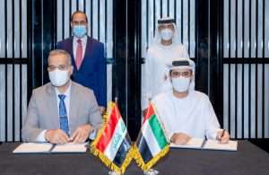 The Iraq MoU being signed in the presence of HE Suhail bin Al Mazrouei, Minister of Energy and Infrastructure in the UAE, and HE Nasser Hussein Al Shebly, Minister of Transportation in Iraq, by Captain Mohamed Juma Al Shamisi, Group CEO, AD Ports Group, and Dr. Eng. Farhan Muhesen Al Fartosi, Director General of the General Company for Ports of Iraq
