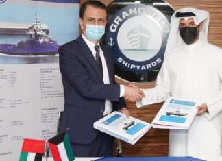 Jamal Abki, General Manager, Grandweld Shipyards and Eng. Mubarak Al-Woqayan, CEO of Specialities Group Holdings, signing the tug contract