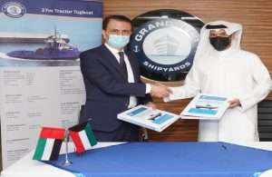 Jamal Abki, General Manager, Grandweld Shipyards and Eng. Mubarak Al-Woqayan, CEO of Specialities Group Holdings, signing the tug contract