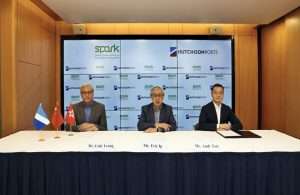 Eric Ip (centre), Group Managing Director of Hutchison Ports, Andy Tsoi (right), Managing Director, Middle East and Africa Division and Cody Leung (left), Group General Counsel & Corporate Development Director of the company attended the online signing ceremony