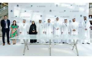 Eng. Ahmed Al Ammadi, Chief Executive Officer of Diyar Al Muharraq; Captain Mohamed Juma Al Shamsi, Group CEO, AD Ports Group; and Dr. Maher Al Shaer, Managing Director of Eagle Hills Diyar, together with other executives from the three companies during the signing of the initial agreement to develop cruise shipping infrastructure in Bahrain