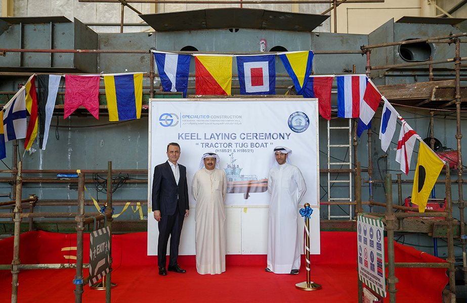 The keel laying ceremony was attended by Jamal Abki, General Manager of Grandweld; Mubarak Al Woqayan, CEO of SCC; and BV class representatives in Dubai