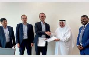 From left to right, Shamit Joseph, Administration and HR Manager of GAC Bahrain; Fredrik Nyström, Group Vice President – Middle East of GAC Group; Johan Fulke, Managing Director of GAC Bahrain; Talal Mohamed Al Mannai, CEO of Al Mannai Projects; and Mohammed Saeed Elshiekh, Renewable Energy Division Manager of Al Mannai Projects at the solar panel signing ceremony