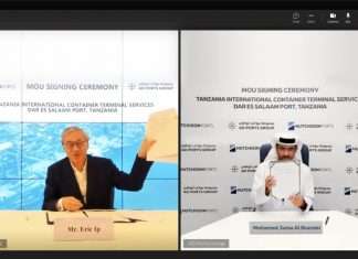 Captain Al Shamisi and Eric Ip signing the agreement between AD Ports and Hutchinson Ports virtually