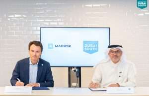 The agreement being signed by Christopher Cook, Managing Director, Maersk UAE and Mohsen Ahmad, CEO of the Logistics District, Dubai South