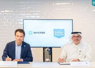 The agreement being signed by Christopher Cook, Managing Director, Maersk UAE and Mohsen Ahmad, CEO of the Logistics District, Dubai South