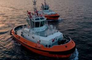 Two of the Robert Allan-designed tugs recently delivered by Grandweld for use in the port of Shuwaikh