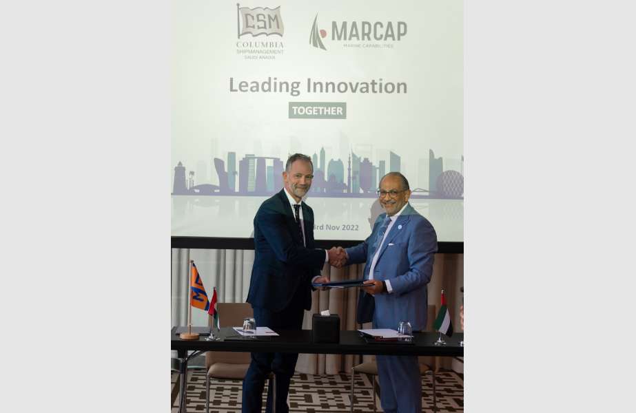 CSM President and CEO, Mark O'Neil, and Marcap President & CEO Samer Qiblawi signing the new MOU which will focus on optimising vessel performance