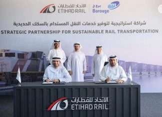 The agreement was signed by Eng. Shadi Malak, CEO of Etihad Rail, and Hazeem Sultan Al Suwaidi, CEO of Borouge, in the presence of members of Etihad Rail and Borouge’s Board of Directors