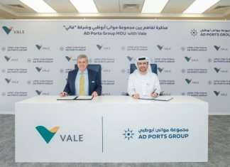 Eduardo Bartolomeo, the CEO of Vale and Captain Mohamed Juma Al Shamisi, Managing Director and CEO, AD Ports Group, signing the agreement to create a low carbon hub for the steel industry