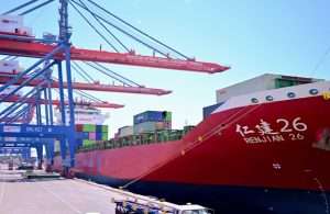 The Renjian 26, one of the vessels operating SeaLead’s ASI service, during its maiden call at Pakistan International Container Terminal.