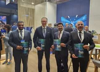 Capt. Ammar Al Shaiba, CEO, Maritime Cluster and Safeen Group, AD Ports Group; Remi Erikson, Group President and CEO, DNV; Trevor Pereira, Managing Director, The Maritime Standard and Ali Shehab, Global Director of Special Projects and Services, DNV receiving the first copies of the TMS Yearbook 2023/24 at Nor-shipping in Norway