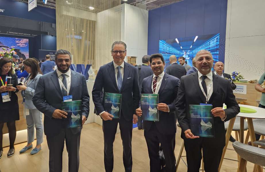 Story3 Capt. Ammar Al Shaiba, CEO, Maritime Cluster and Safeen Group, AD Ports Group; Remi Erikson, Group President and CEO, DNV; Trevor Pereira, Managing Director, The Maritime Standard and Ali Shehab, Global Director of Special Projects and Services, DNV receiving the first copies of the TMS Yearbook 2023/24 at Nor-shipping in Norway