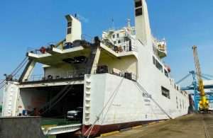 The RoRo vessel Whiteland, which operates DP World’s UAE-Iraq service, docked at Basra Gateway Terminal.