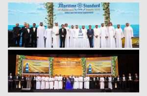 (top) VIPs on stage for the 10th Anniversary cake cutting ceremony for The Maritime Standard Awards; (bottom) Winners of The Maritime Standard Awards 2023