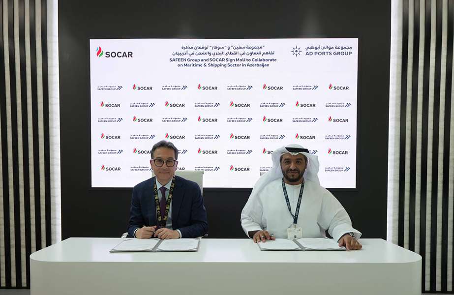 Afgan Isayev, Vice President of SOCAR and Captain Ammar Al Shaiba, CEO - Maritime Cluster and Safeen Group, AD Ports Group signing the MOU between the two organisations