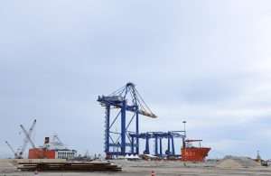 The first vessel, carrying cranes for the new container terminal, arriving at Vizhinjam port on October 15th