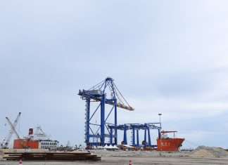 The first vessel, carrying cranes for the new container terminal, arriving at Vizhinjam port on October 15th