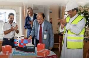 A cake cutting ceremony to mark the maiden call of Messina’s Jolly Oro into Jeddah