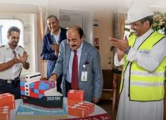 A cake cutting ceremony to mark the maiden call of Messina’s Jolly Oro into Jeddah