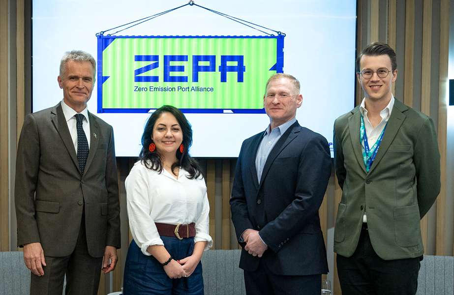 15dec2023-01 Tiemen Meester, Group COO of Ports & Terminals, DP World; Sahar Rashidbeigi, Global Head of Decarbonisation, APM Terminals; Jack Craig, Global Head of Technical, APM Terminals; and Piotr Konopka, Group VP, Global Decarbonisation & Energy Programmes, DP World