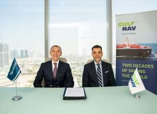 Ali Abouda of Gulf Navigation and Ugo Romano of Scorpio Services signing the agreement to establish the Black Marlin ship management joint venture in Dubai
