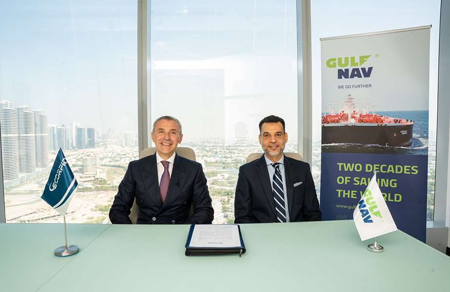 15dec2023-06 Ali Abouda of Gulf Navigation and Ugo Romano of Scorpio Services signing the agreement to establish the Black Marlin ship management joint venture in Dubai