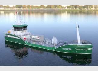 A computer generated image of the new hybrid bunker barge