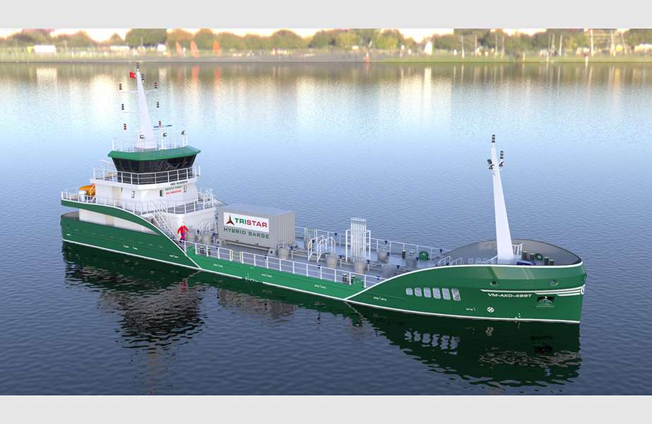 A computer generated image of the new hybrid bunker barge