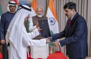 In the presence of His Highness Sheikh Mohamed bin Zayed Al Nahyan, President of UAE, and Narendra Modi, Prime Minister of India, DP World Group Chairman and CEO, Sultan Ahmed bin Sulayem, exchanged MoUs around potential investments in Gujarat with M K Das, Additional Chief Secretary, Government of Gujarat