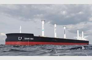 A computer generated representation of the bulk carrier Sohar Max fitted with rotor sails