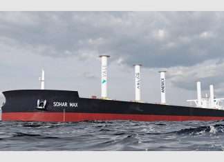 A computer generated representation of the bulk carrier Sohar Max fitted with rotor sails