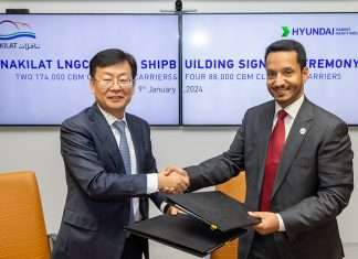 Nakilat's Chief Executive Officer, Eng. Abdullah Al Sulaiti and S.Y. Park, President and COO of HD Hyundai Heavy Industries, signing the deal to build a total of six new gas carriers