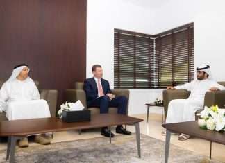 Sheikh Khaled bin Abdullah Al Qasimi, Chairman of the Sharjah Ports, Customs and Free Zones Authority, meets with Lance Loeffler, Halliburton’s MENA Region Senior Vice President, in the presence of Saud Salim Al Mazrouei, Director of the HFZA, to sign the new land lease agreement