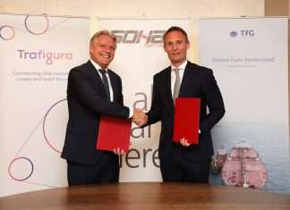 Emile Hoogsteden, CEO of Sohar Port, and Kenneth Dam, Global Head of Bunkering for TFG Marine, signing the MoU agreement during International Energy Week in London